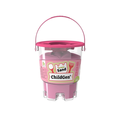 Recipiente transparente com tampa rosa e pega contendo areia para crianças