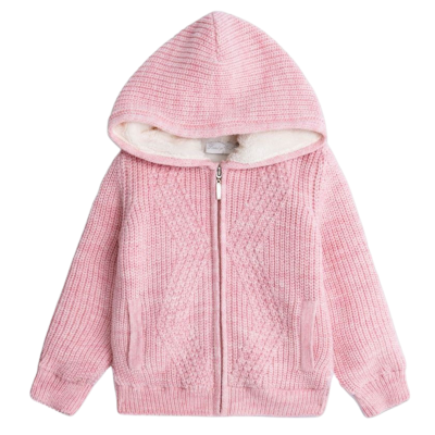 Casaco infantil rosa de malha com capuz e fecho de correr