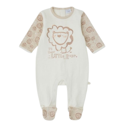 Macacão bebé branco e bege com estampa de leão e texto