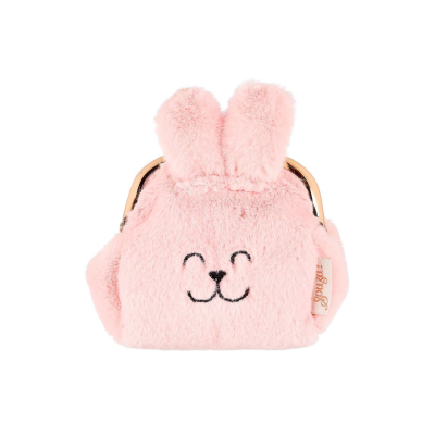 Mala pequena de pelúcia rosa em formato de coelho com orelhas e fecho metálico.