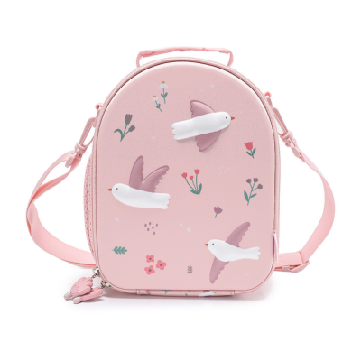 Mochila infantil rosa com desenho de pássaros e flores, alça ajustável