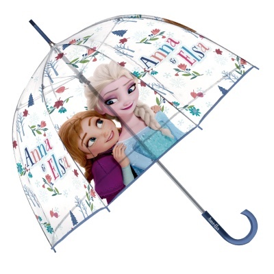 Guarda-chuva transparente com personagens Anna e Elsa e texto colorido