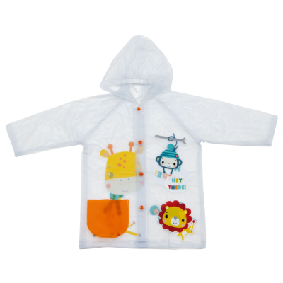Casaco de chuva infantil transparente com estampas de animais e capuz