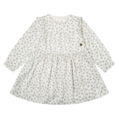 Vestido infantil branco com pequenos círculos cinza e azul claro