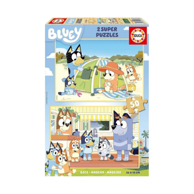 Quebra-cabeças Bluey com 2 puzzles de 50 peças, personagens de desenho animado, embalagem azul