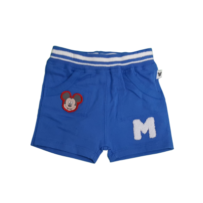 Calções azuis para criança com desenhos do Mickey Mouse e letra M