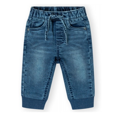 Calças de ganga azul denim com cintura elástica e punhos em malha