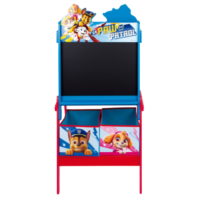 Quadro de escrita infantil azul e vermelho com imagens dos personagens PAW PATROL e espaço para arrumação
