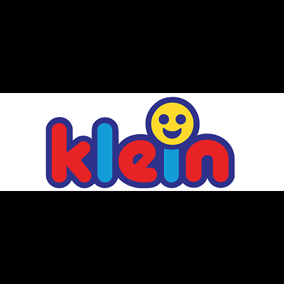 Logótipo colorido com a palavra klein e um rosto sorridente amarelo