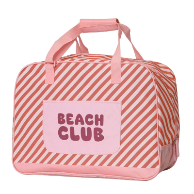 Mala cor-de-rosa com riscas diagonais e bolso com texto BEAC H CLUB