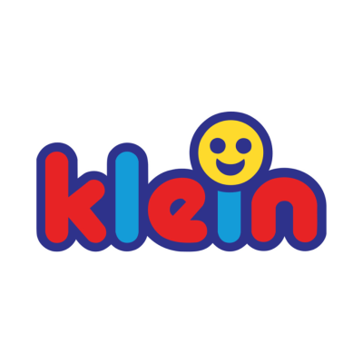 Logo colorido com texto klein e uma carinha sorridente no i