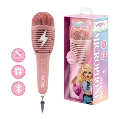 Microfone wireless rosa claro com raio prateado e embalagem com ilustração de menina loira