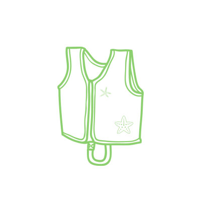 Colete verde claro para criança com desenhos de estrelas-do-mar