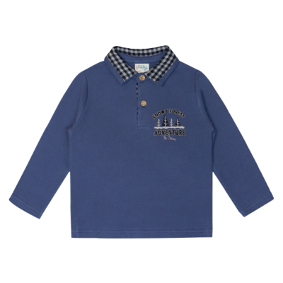 Camisola azul de manga comprida com gola xadrez e bordado aventureiro