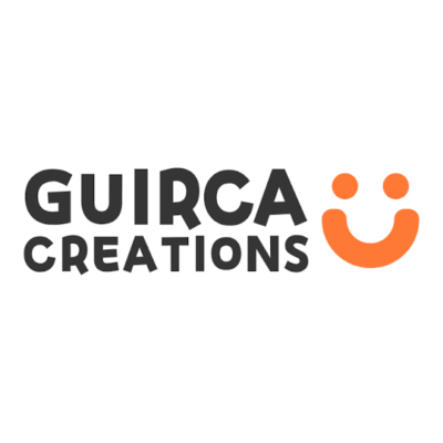 Logótipo GUIRCA CREATIONS com símbolo sorridente laranja em fundo branco