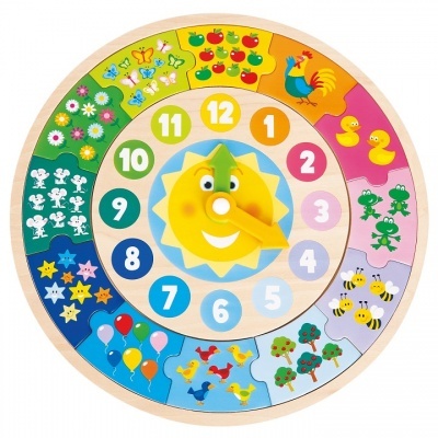 Relógio de madeira colorido e educativo para crianças com peças de quebra-cabeça