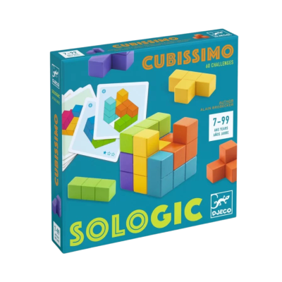Jogo educativo Cubissimo com peças coloridas e caixa azul