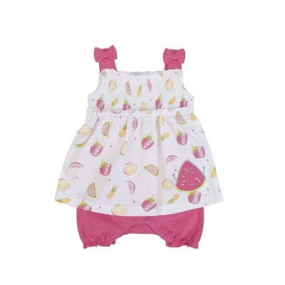 Conjunto bebé com vestido branco estampado de frutas e calções cor-de-rosa