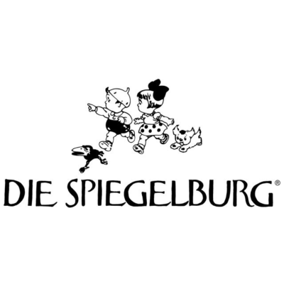 Logotipo preto e branco da marca DIE SPIEGELBURG com ilustração de duas crianças e dois animais