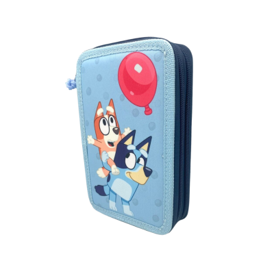 Estojo azul claro com personagens animadas e balão vermelho