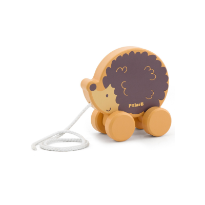 Brinquedo de madeira em forma de ouriço com rodas e cordão para puxar