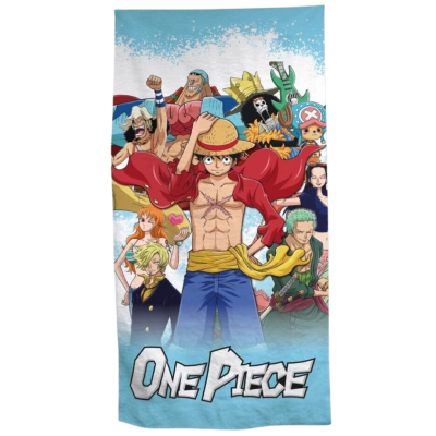 Toalha azul com personagens de anime e texto ONE PIECE