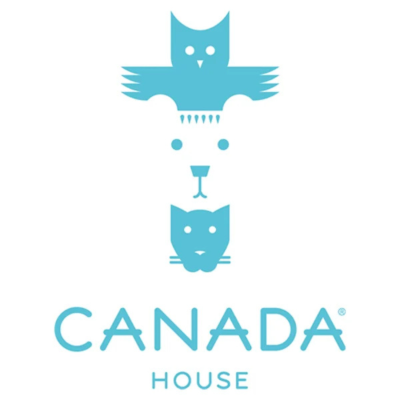 Logótipo azul claro com animais estilizados e texto CANADA HOUSE
