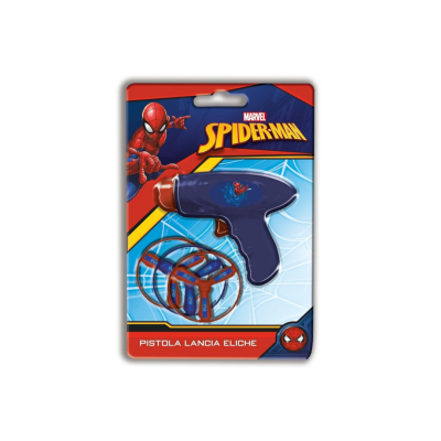 Pistola Spider-Man azul e castanha com hélices em embalagem colorida