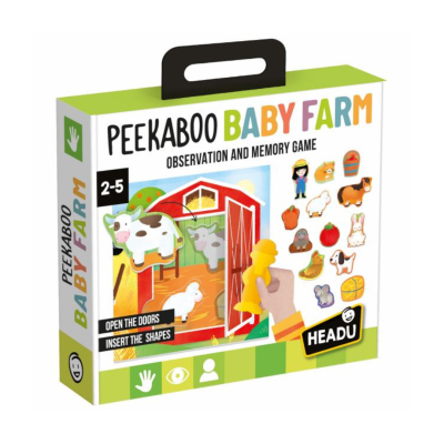 Embalagem de jogo Peekaboo Baby Farm com ilustração de celeiro, peças de animais e objetos coloridos.