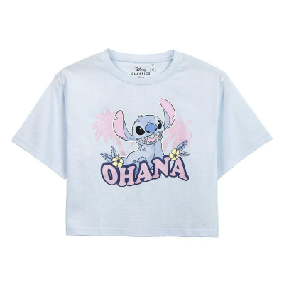 T-shirt azul clara com estampa do Stitch e palavra OHANA