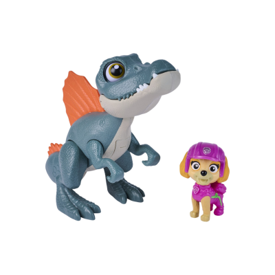 Brinquedo dinossauro azul e cão pequeno vestido de rosa em fundo branco