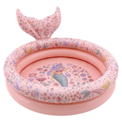 Piscina insuflável redonda cor-de-rosa com decoração de sereias e cauda insuflável