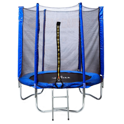 Trampolim redondo azul com rede de proteção preta e estrutura metálica