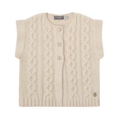 Camisola de malha bege com padrão de trança e botões frontais
