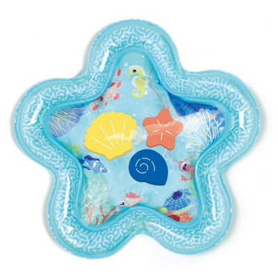 Flutuador insuflável azul claro em forma de estrela com desenhos marinhos coloridos