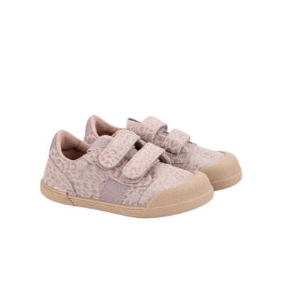 Ténis infantis padrão animal print rosa claros e bege com sola e biqueira bege, fecho velcro duplo