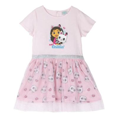 vestido infantil rosa com estampa de personagem e texto Just Chillin'