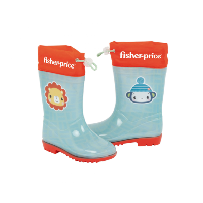 Galochas azuis para crianças com desenhos de leão e macaco e sola vermelha