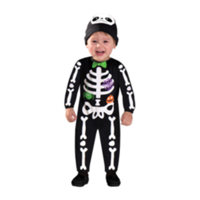 Fato de esqueleto para criança com gorro temático