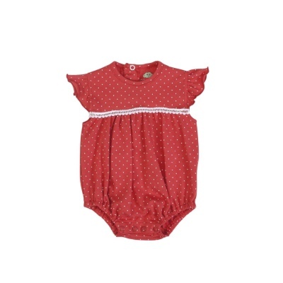 Body de bebé vermelho com pontos brancos e folhos nas mangas.