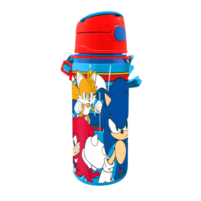 Garrafa de bebida com personagens Sonic em azul, vermelho e amarelo