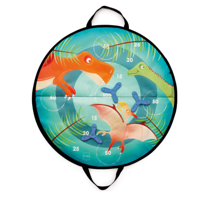 Alvo infantil redondo com dinossauros coloridos e frisbees azuis