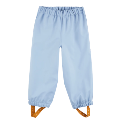 Calças azul claro com tiras castanhas às riscas