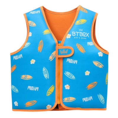 Colete azul para criança com pranchas de surf e flores, fecho de correr laranja