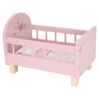 Berço de boneca rosa com decoração de flores e colchão floral