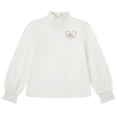 Camisola branca de manga comprida com bordado de coração e texto