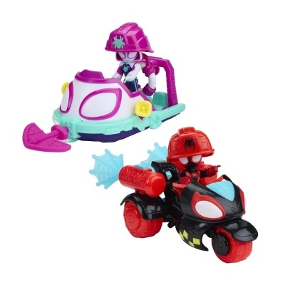 Brinquedos Spider-Man em veículo aquático e mota