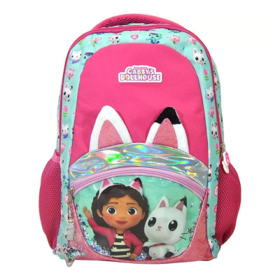 Mochila infantil rosa e verde com desenhos e orelhas de gato