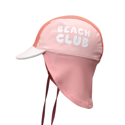 Chapéu de proteção solar rosa e coral com texto Beach Club.