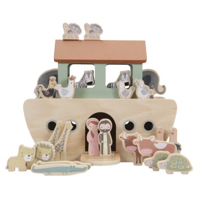 Arca de brinquedo de madeira com figuras de animais e pessoas coloridas